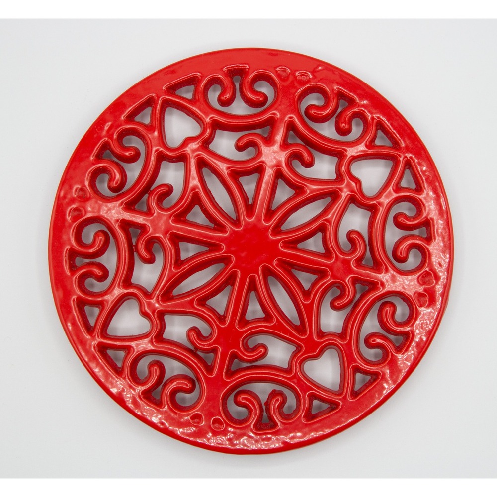 Red Cast Iron Trivet Round Filigree Heart Scroll Enamel Heat Pad 8 Inch